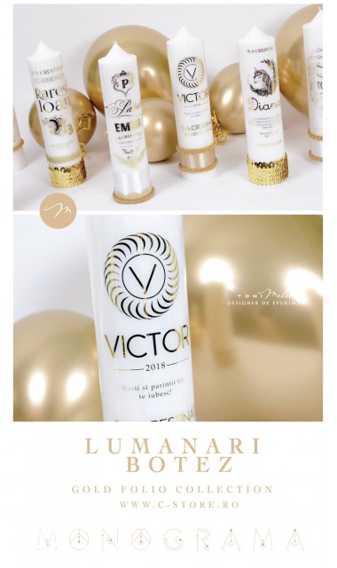 Lumanare de botez personalizata cu monograma, print folio gold, 30x8cm, Victoria 1